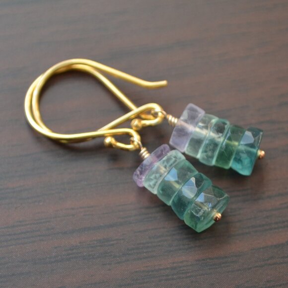 Fluorite Stack Earrings in Gold Vermeil - Hand Made in Canada - Picture 9 of 10